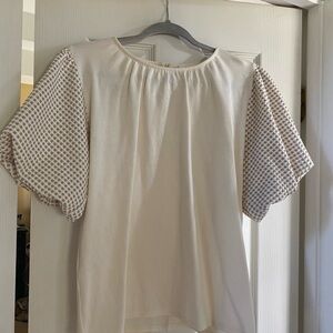 Womens Cream Top with Patterned Puff Sleeves